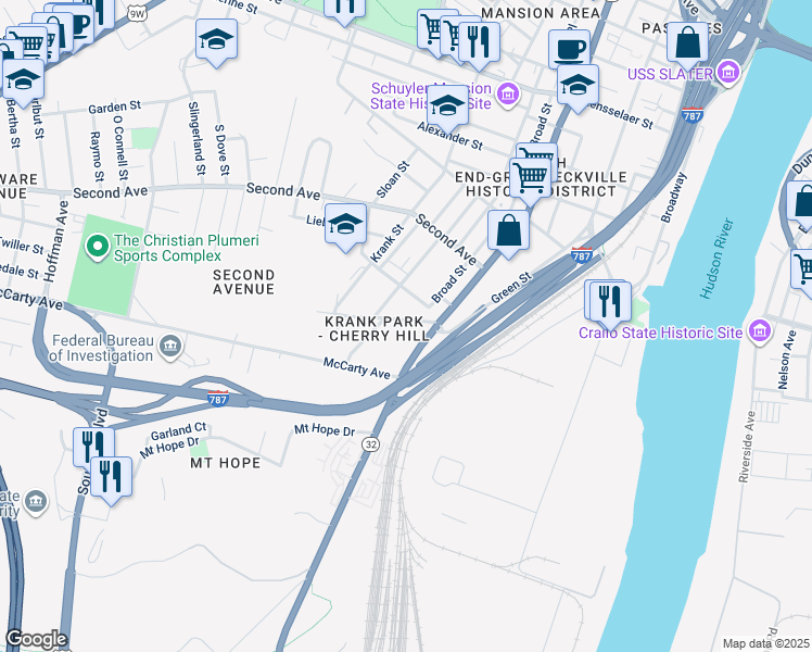 map of restaurants, bars, coffee shops, grocery stores, and more near in Albany