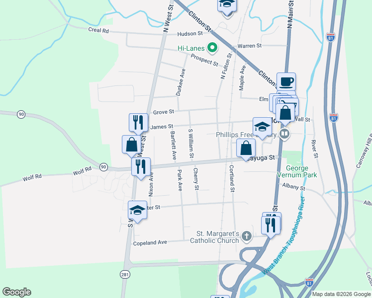 map of restaurants, bars, coffee shops, grocery stores, and more near 66 Cayuga Street in Homer