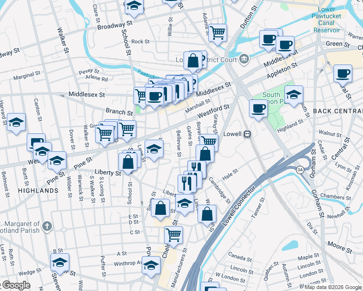 map of restaurants, bars, coffee shops, grocery stores, and more near 74 Bellevue Street in Lowell