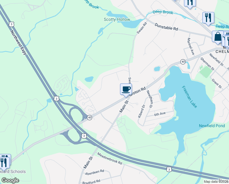 map of restaurants, bars, coffee shops, grocery stores, and more near 163 Groton Road in Chelmsford