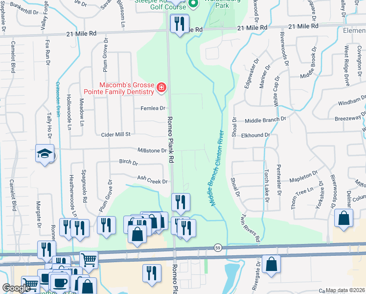 map of restaurants, bars, coffee shops, grocery stores, and more near 45884 Delta Drive in Macomb
