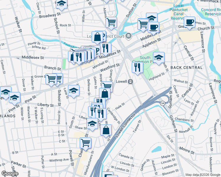 map of restaurants, bars, coffee shops, grocery stores, and more near 182 Chelmsford Street in Lowell