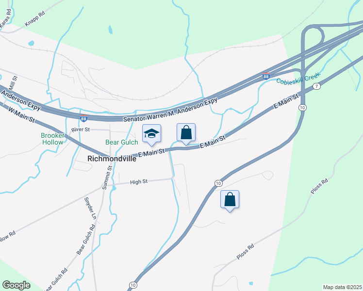 map of restaurants, bars, coffee shops, grocery stores, and more near 343 East Main Street in Richmondville
