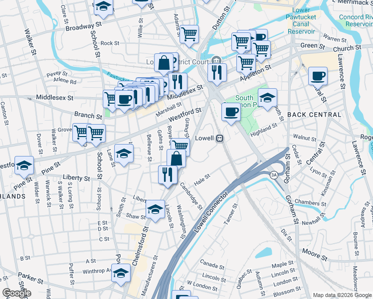 map of restaurants, bars, coffee shops, grocery stores, and more near 145 Chelmsford Street in Lowell
