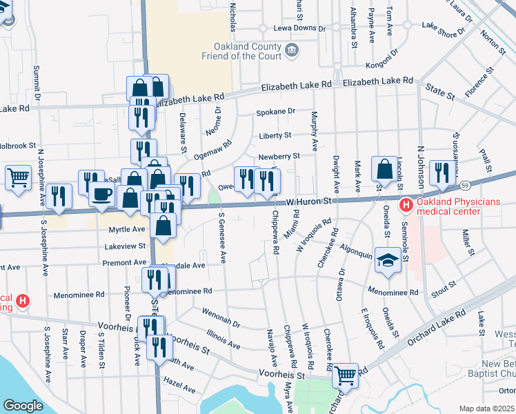 map of restaurants, bars, coffee shops, grocery stores, and more near 719 West Huron Street in Pontiac