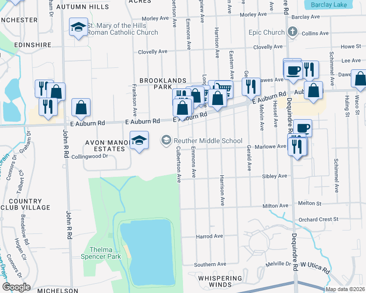 map of restaurants, bars, coffee shops, grocery stores, and more near 2995 Culbertson Avenue in Rochester Hills