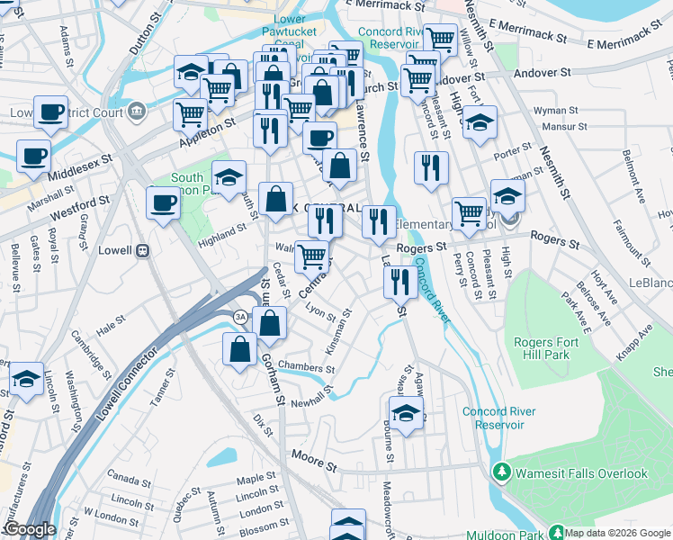 map of restaurants, bars, coffee shops, grocery stores, and more near 17 Whipple Street in Lowell