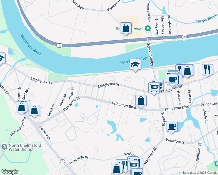 map of restaurants, bars, coffee shops, grocery stores, and more near 1990 Middlesex Street in Lowell