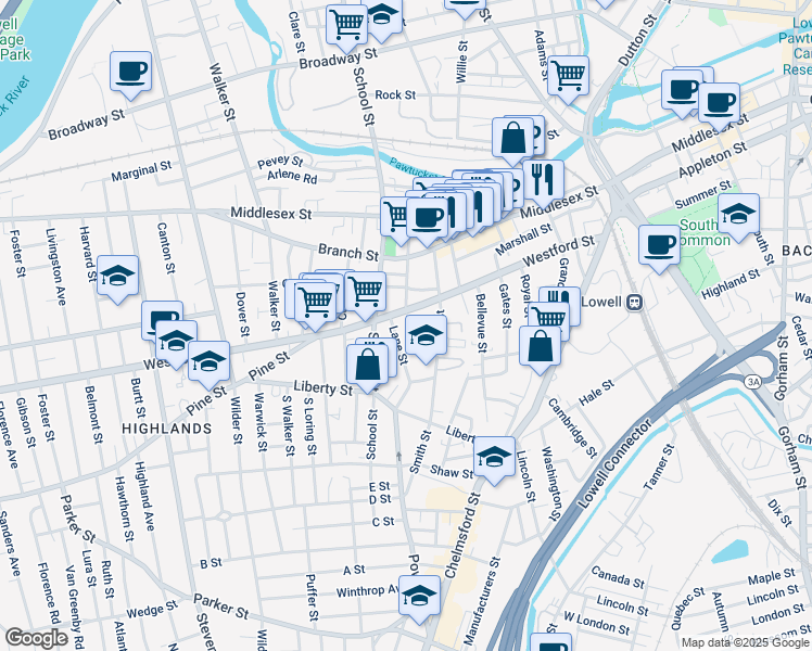 map of restaurants, bars, coffee shops, grocery stores, and more near 211 Westford Street in Lowell