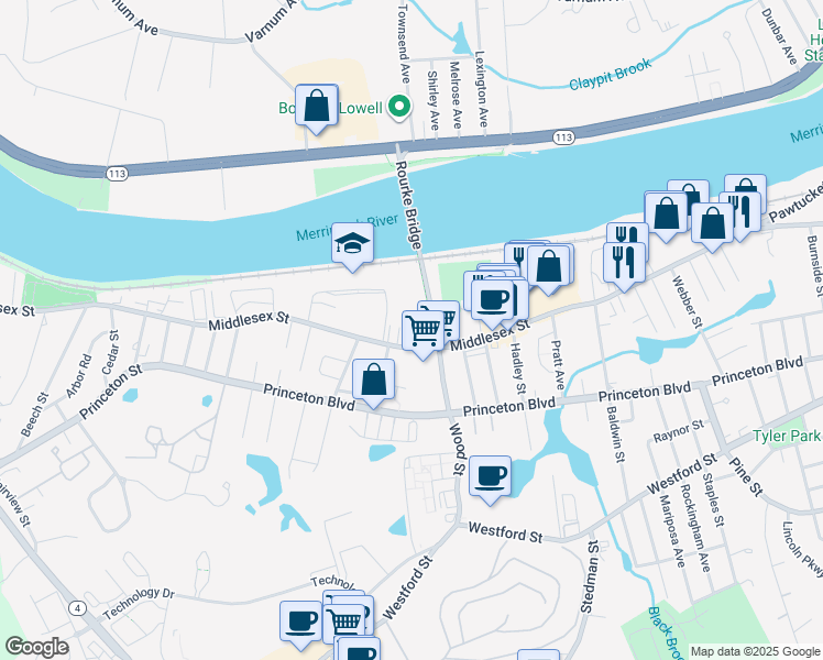 map of restaurants, bars, coffee shops, grocery stores, and more near 1781 Middlesex Street in Lowell