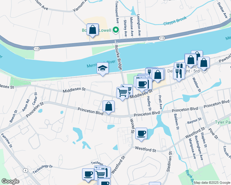map of restaurants, bars, coffee shops, grocery stores, and more near 1857 Middlesex Street in Lowell