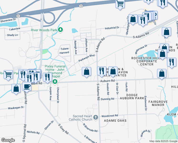 map of restaurants, bars, coffee shops, grocery stores, and more near 114 Rotary Court in Auburn Hills