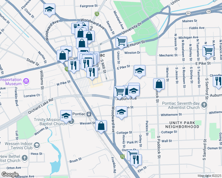 map of restaurants, bars, coffee shops, grocery stores, and more near 64-74 Water Street in Pontiac