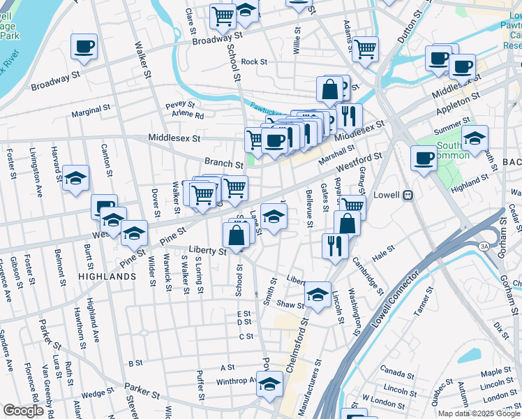 map of restaurants, bars, coffee shops, grocery stores, and more near 211 Westford Street in Lowell