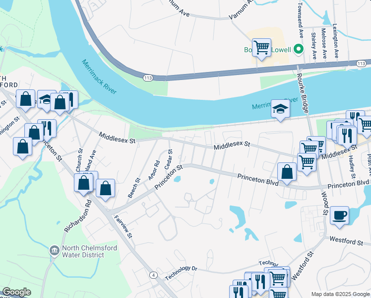 map of restaurants, bars, coffee shops, grocery stores, and more near 4 Walter G Wiede Street in Chelmsford