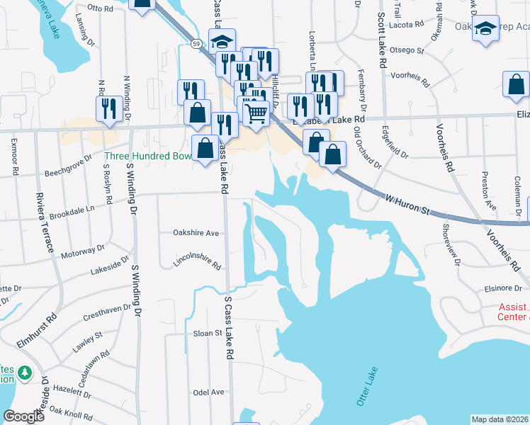 map of restaurants, bars, coffee shops, grocery stores, and more near 300 Beverly Island Drive in Waterford Township