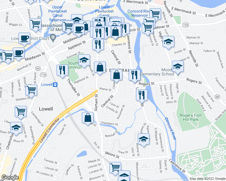 map of restaurants, bars, coffee shops, grocery stores, and more near 70 Keene Street in Lowell