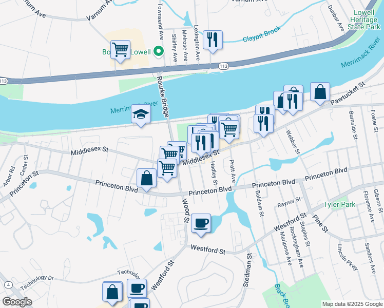 map of restaurants, bars, coffee shops, grocery stores, and more near 45R Edwards Street in Lowell