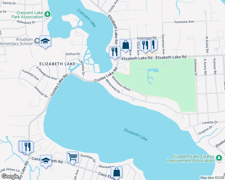 map of restaurants, bars, coffee shops, grocery stores, and more near 4817 Motorway Drive in Waterford Township