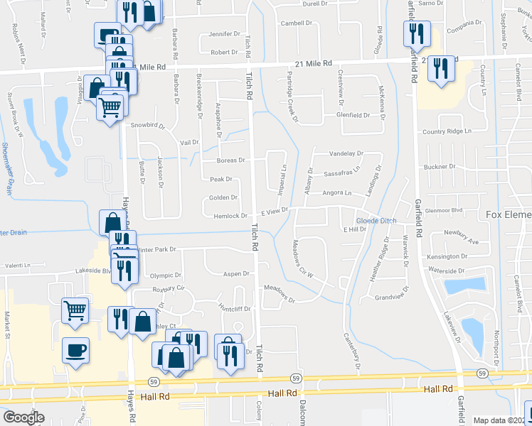 map of restaurants, bars, coffee shops, grocery stores, and more near 15942 East View Drive in Macomb