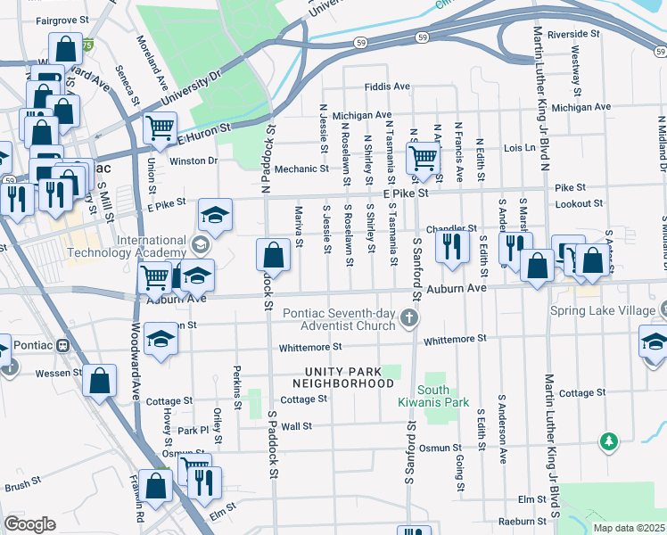 map of restaurants, bars, coffee shops, grocery stores, and more near 89 South Jessie Street in Pontiac