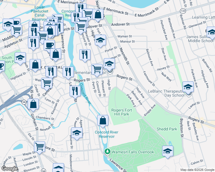 map of restaurants, bars, coffee shops, grocery stores, and more near in Lowell