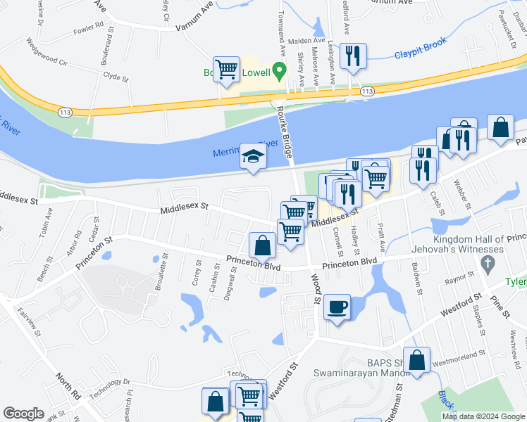 map of restaurants, bars, coffee shops, grocery stores, and more near 1857 Middlesex Street in Lowell