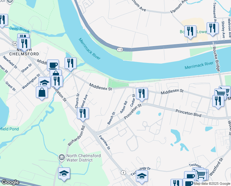 map of restaurants, bars, coffee shops, grocery stores, and more near in Chelmsford