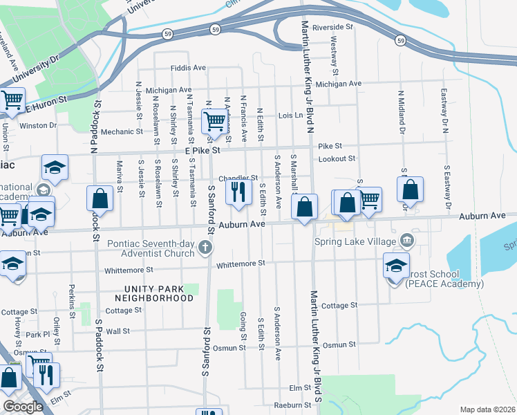 map of restaurants, bars, coffee shops, grocery stores, and more near 73 South Francis Street in Pontiac