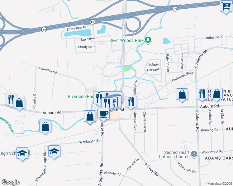 map of restaurants, bars, coffee shops, grocery stores, and more near 111 North Squirrel Road in Auburn Hills