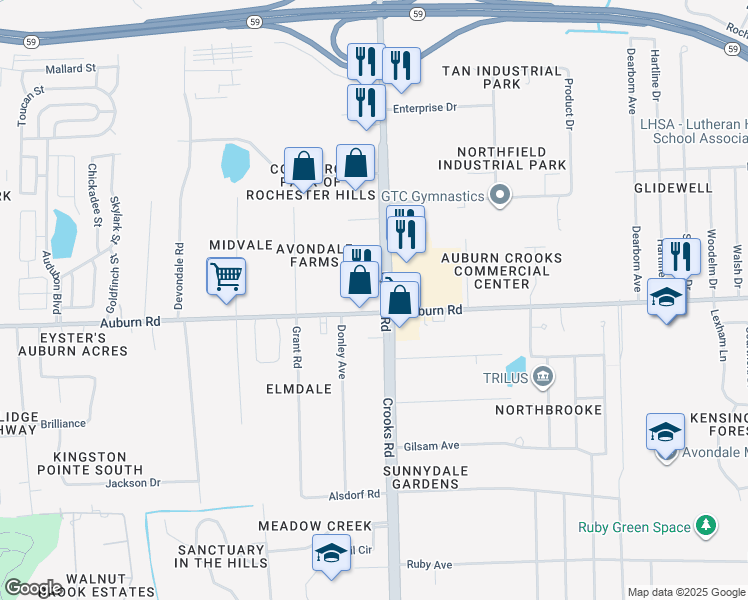map of restaurants, bars, coffee shops, grocery stores, and more near 2960 Crooks Road in Rochester Hills