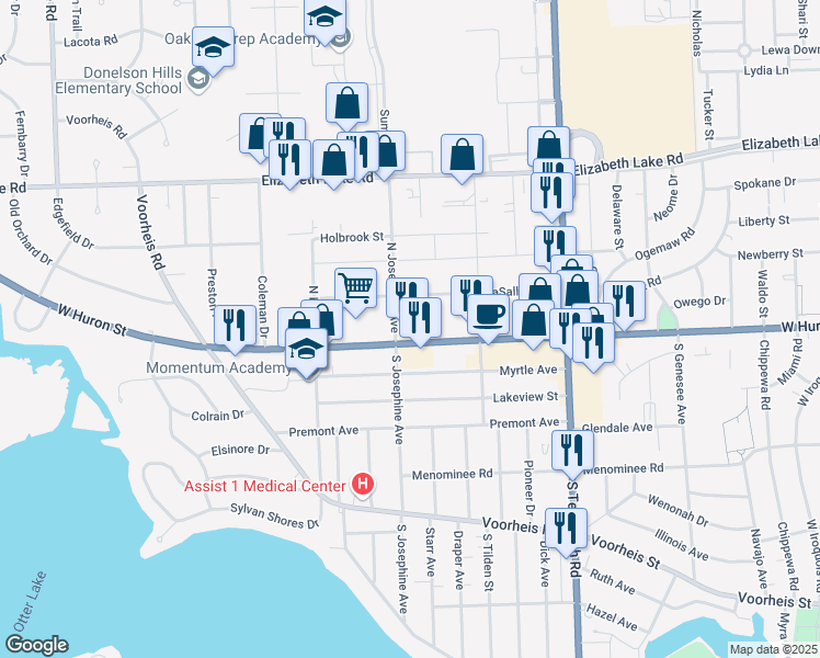 map of restaurants, bars, coffee shops, grocery stores, and more near 23 North Josephine Avenue in Waterford Township
