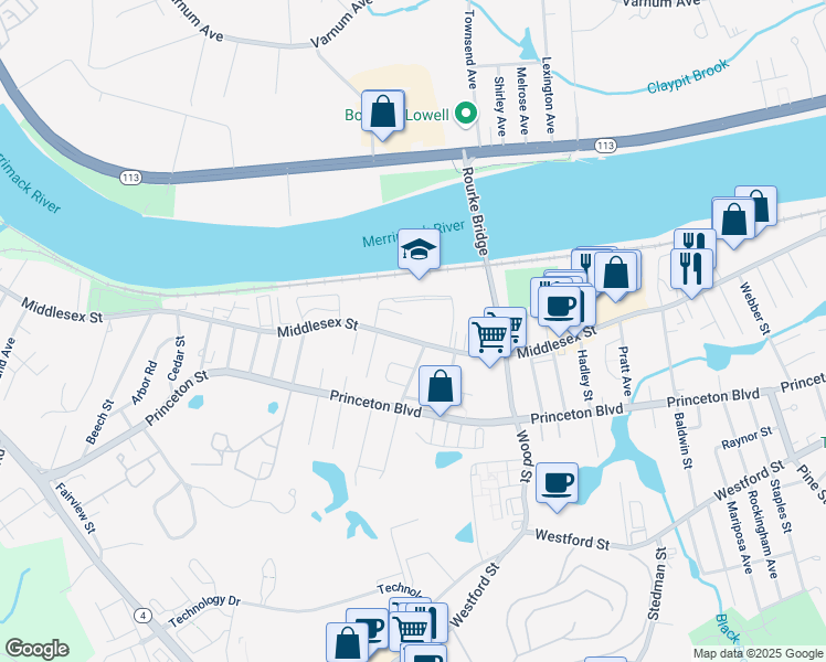 map of restaurants, bars, coffee shops, grocery stores, and more near 1895 Middlesex Street in Lowell
