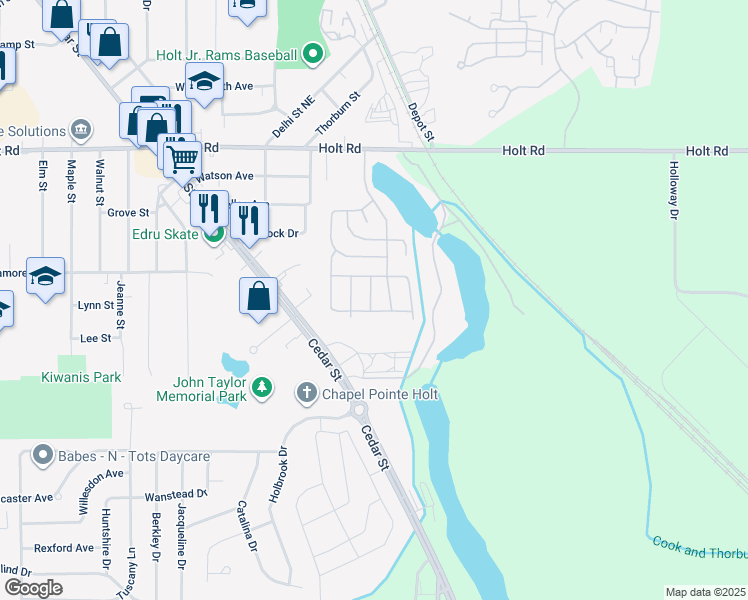 map of restaurants, bars, coffee shops, grocery stores, and more near 4075 Holt Road in Delhi charter Township