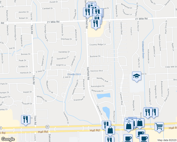 map of restaurants, bars, coffee shops, grocery stores, and more near 16632 Glenmoor Boulevard in Macomb