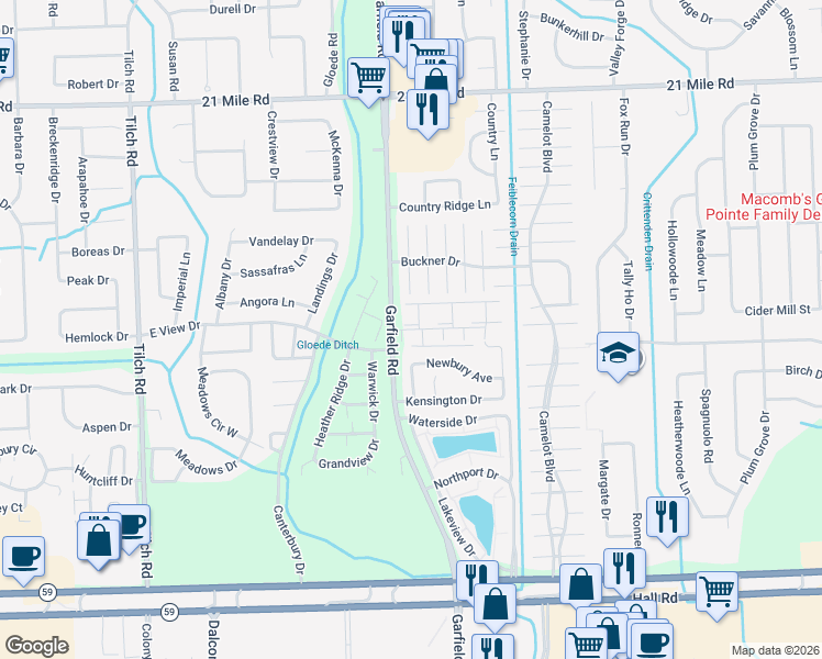 map of restaurants, bars, coffee shops, grocery stores, and more near 16752 Glenmoor Boulevard in Macomb