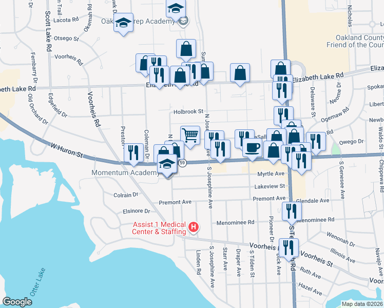 map of restaurants, bars, coffee shops, grocery stores, and more near 1119 LaSalle Avenue in Waterford Township