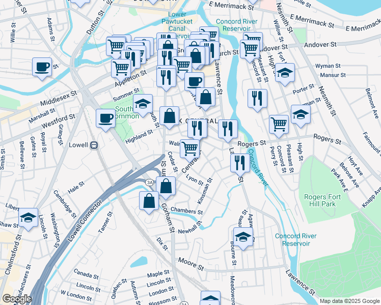 map of restaurants, bars, coffee shops, grocery stores, and more near 52 Walnut Street in Lowell