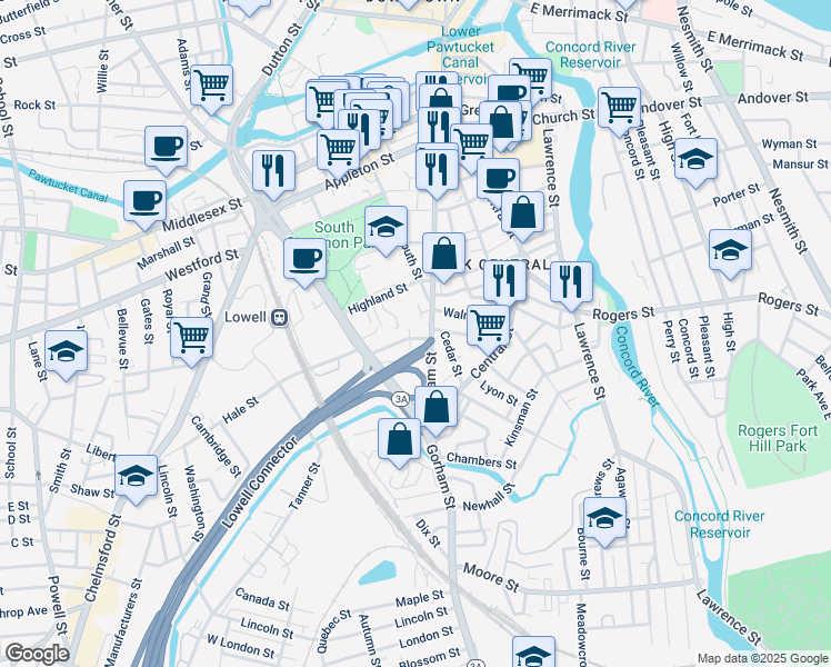 map of restaurants, bars, coffee shops, grocery stores, and more near 26 Highland Street in Lowell