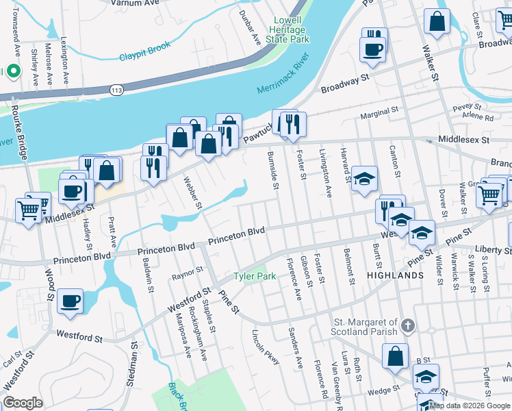 map of restaurants, bars, coffee shops, grocery stores, and more near 15 Shawmut Avenue in Lowell