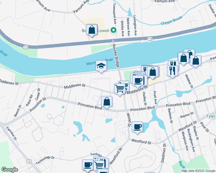 map of restaurants, bars, coffee shops, grocery stores, and more near 1857 Middlesex Street in Lowell