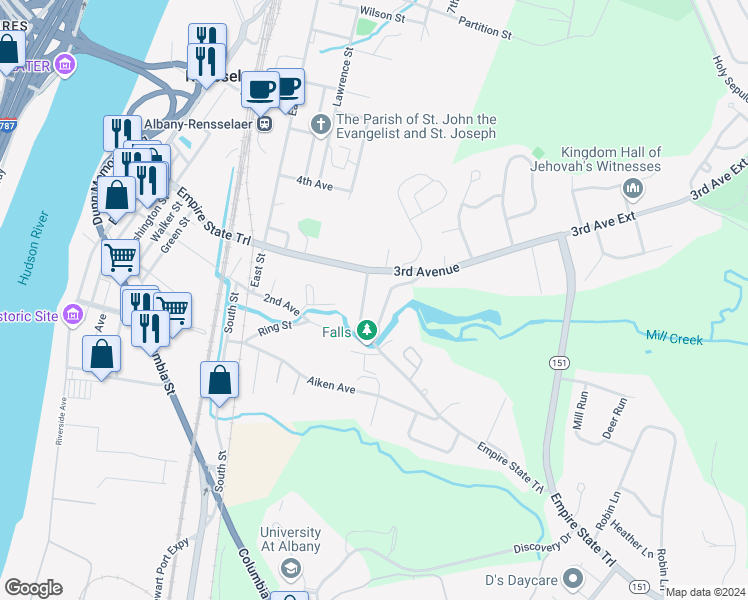 map of restaurants, bars, coffee shops, grocery stores, and more near 152 3rd Avenue in Rensselaer