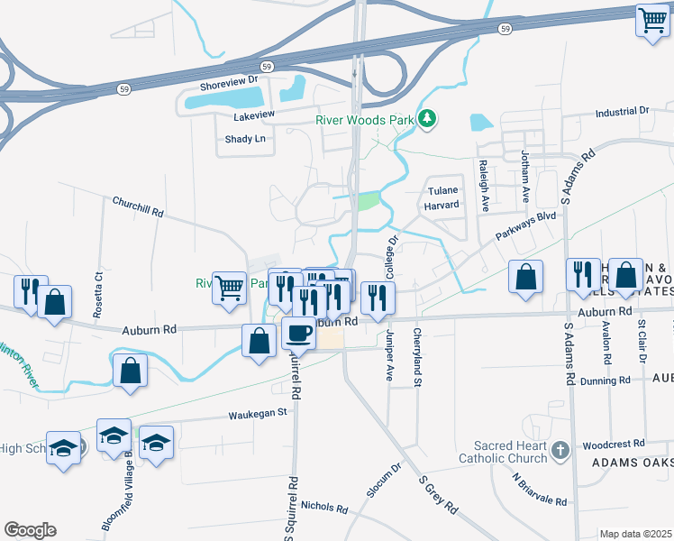 map of restaurants, bars, coffee shops, grocery stores, and more near 111 North Squirrel Road in Auburn Hills
