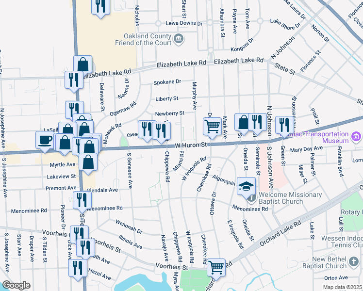 map of restaurants, bars, coffee shops, grocery stores, and more near 640 West Huron Street in Pontiac