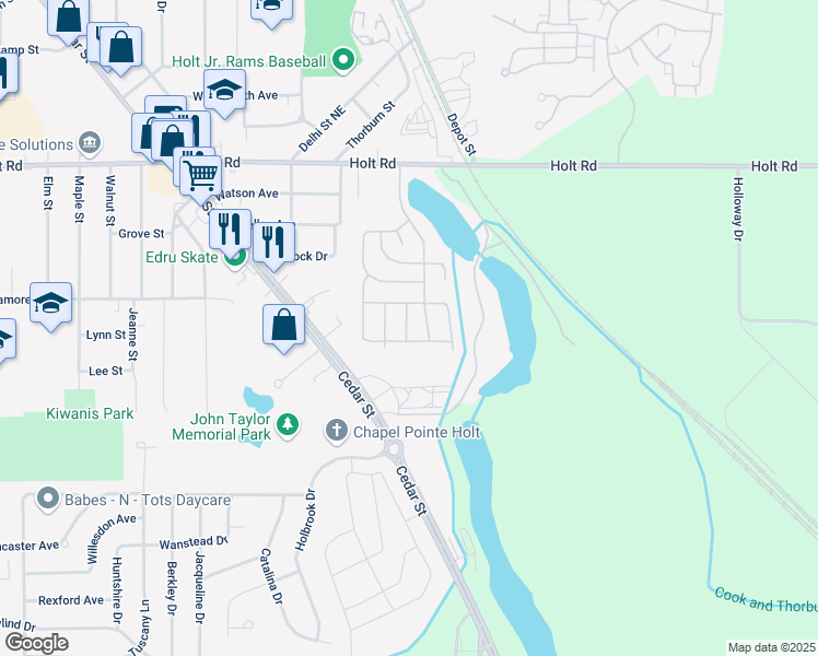 map of restaurants, bars, coffee shops, grocery stores, and more near 4075 Holt Road in Delhi charter Township
