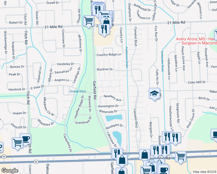 map of restaurants, bars, coffee shops, grocery stores, and more near 16816 Glenmoor Boulevard in Macomb