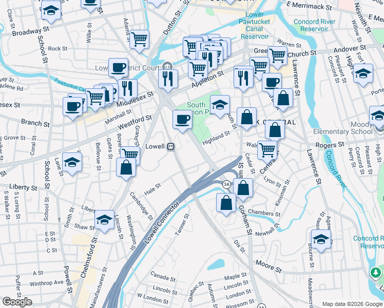 map of restaurants, bars, coffee shops, grocery stores, and more near 201 Thorndike Street in Lowell