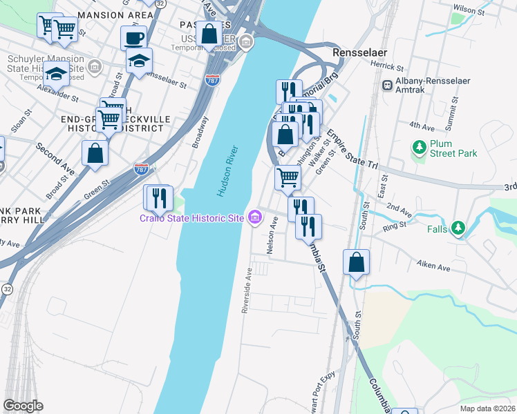 map of restaurants, bars, coffee shops, grocery stores, and more near in Rensselaer