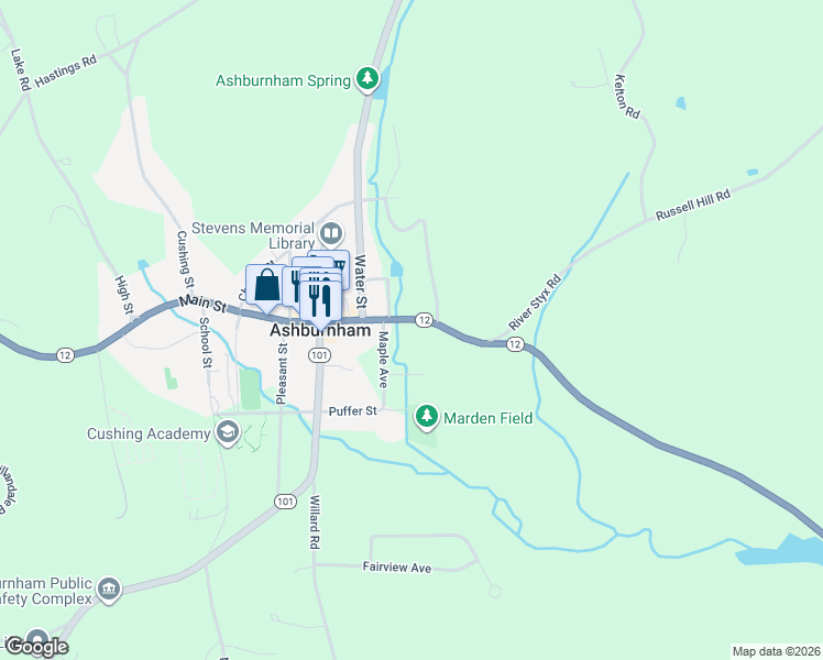 map of restaurants, bars, coffee shops, grocery stores, and more near 17 Main Street in Ashburnham