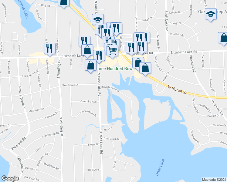 map of restaurants, bars, coffee shops, grocery stores, and more near 300 Beverly Island Drive in Waterford Township